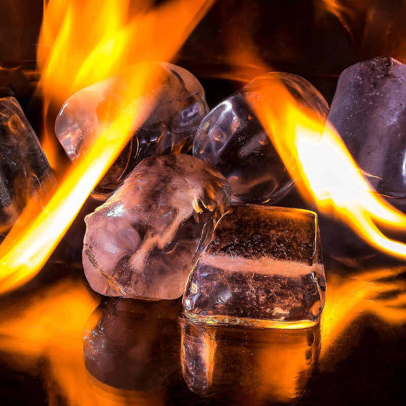 A few ice cubes on fire.
