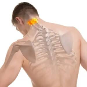 You can see the back of a man, with the silhouette of the skeleton showing.