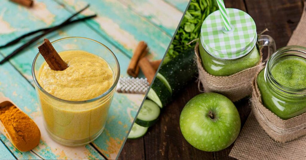 image of two health shots; one with cinnamon and turmeric, the second with apple and cucumber