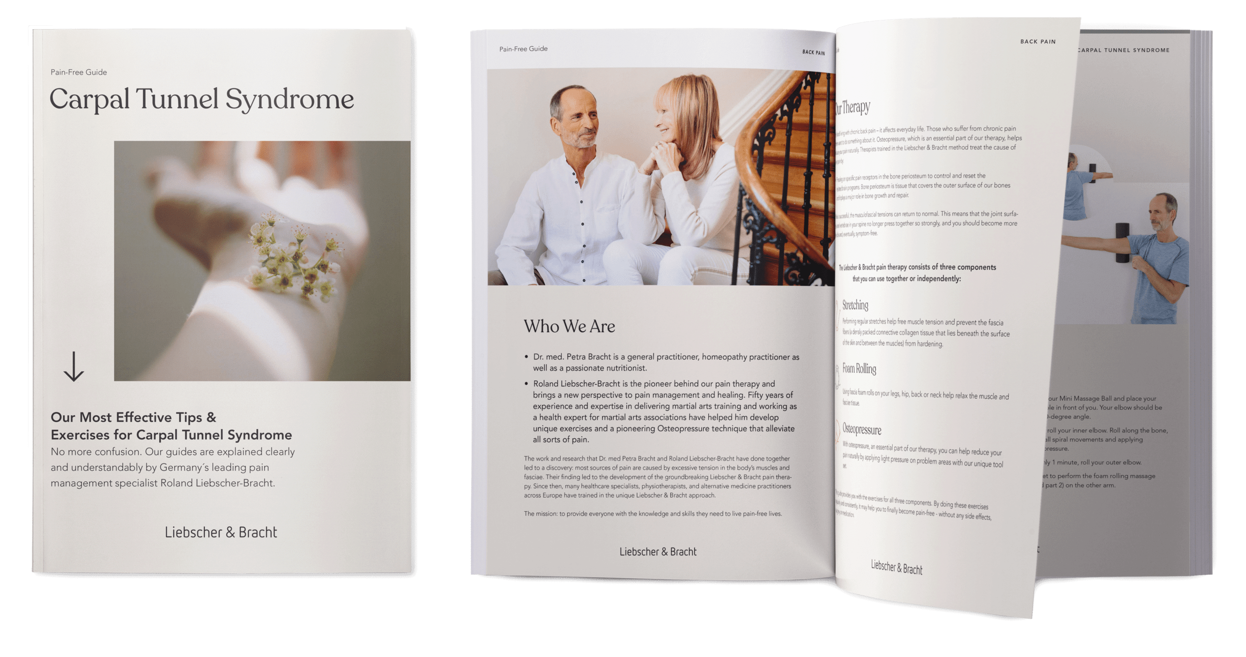A preview of the Liebscher & Bracht's guide against carpal tunnel syndrome with the front page on the left side.