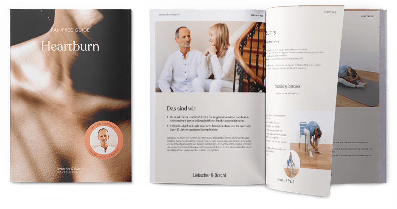 A preview of the Liebscher & Bracht's guide against heartburn with the front page on the left side.
