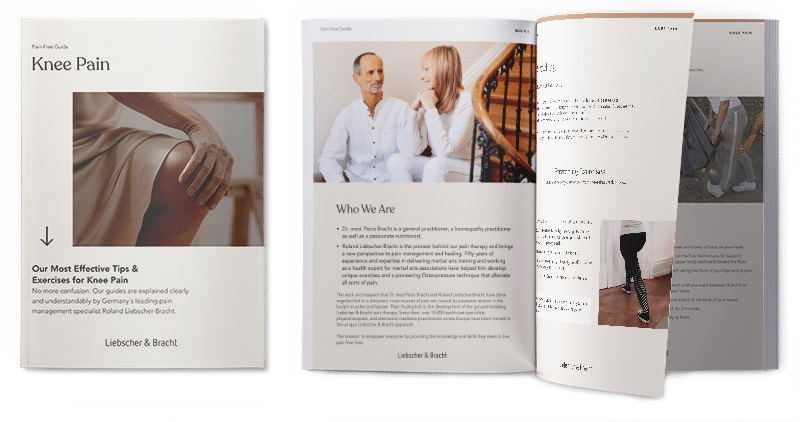 A preview of the Liebscher & Bracht's guide against knee pain with the front page on the left side.