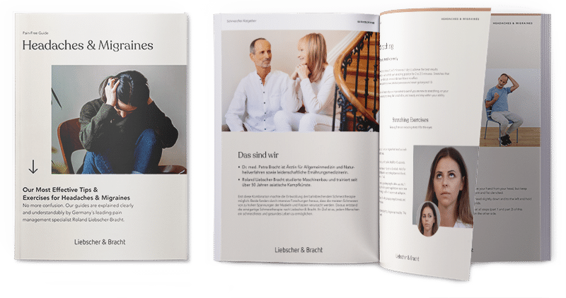 A preview of the Liebscher & Bracht's guide against headachs and migraines with the front page on the left side.