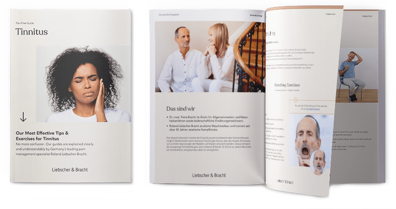 A preview of the Liebscher & Bracht's guide against tinnitus with the front page on the left side.